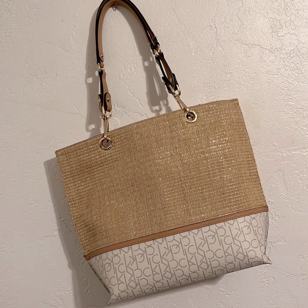Calvin Klein Beige Straw Tote with Ivory CK Logo Panel